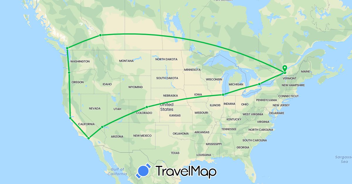 TravelMap itinerary: bus in Canada, United States (North America)